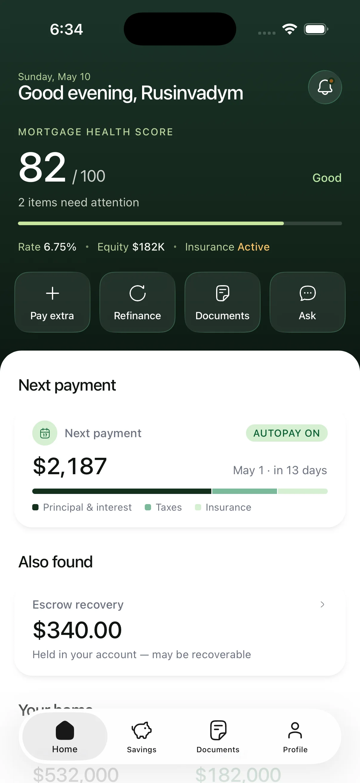 TrueOwn app showing mortgage health score, next payment, and savings alerts